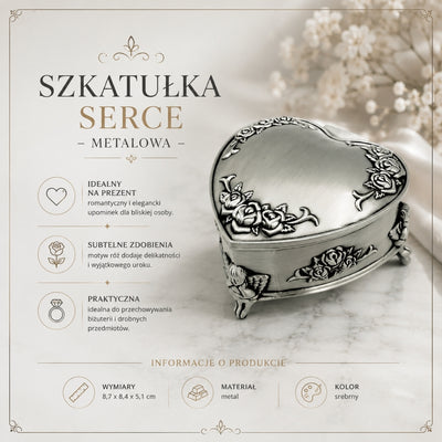 Szkatułka metalowa w kształcie serca z możliwością personalizacji grawerem – elegancki prezent na Walentynki, rocznicę lub urodziny, zdobiona motywem róży, wymiary 8,7 x 8,4 x 5,1 cm