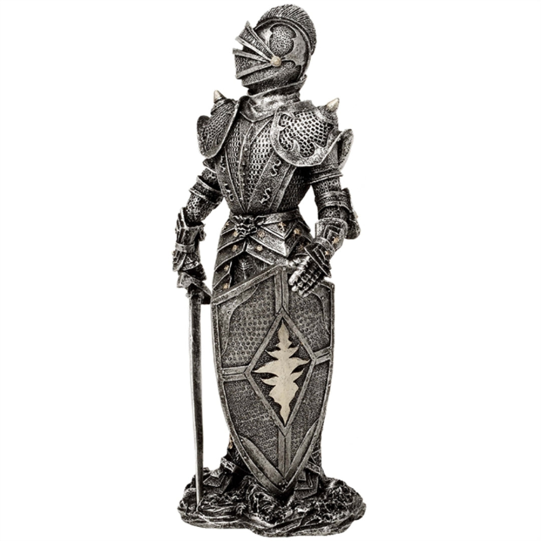 Figurka Dekoracyjna Rycerz w Srebrnej Zbroi 30 cm z Możliwością Personalizacji Grawerem - Elegancki Prezent dla Miłośników Historii i Fantasy, Ręcznie Malowana z Polyresinu