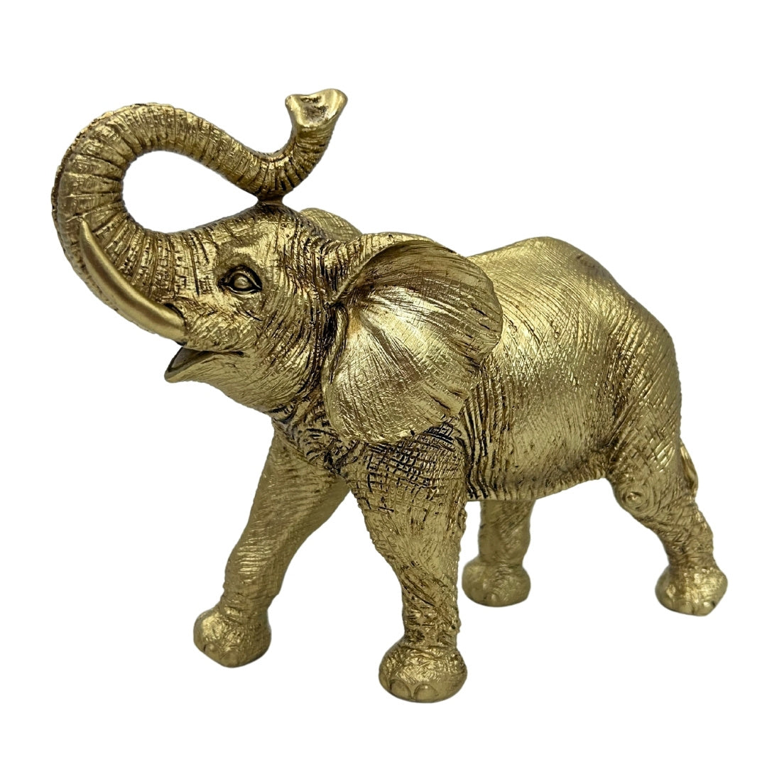 Arany elefánt felemelt ormánnyal - elegáns dekoratív figura személyre szabott gravírozási lehetőséggel, ideális ajándék - magasság 20,5 cm, anyag: polyresin