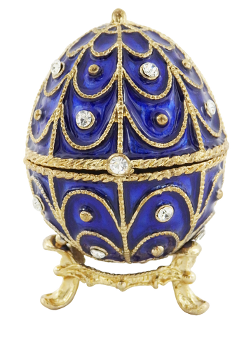 Exkluzív fém ékszerdoboz kristályokkal, Fabergé-tojás formában, sötétkék-arany, 5,5x6,5cm, gravírozással személyre szabható