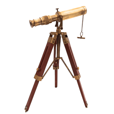 Retro sárgaréz távcső fa háromlábon, állítható magassággal és gravírozási opcióval