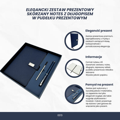 Elegancki Granatowy Skórzany Notes A5 z Długopisem i Personalizowanym Grawerem w Pudełku Prezentowym
