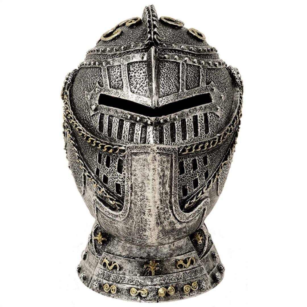 Dekoratív lovagi sisak persely gravírozással - antikolt ezüst, 13 cm
