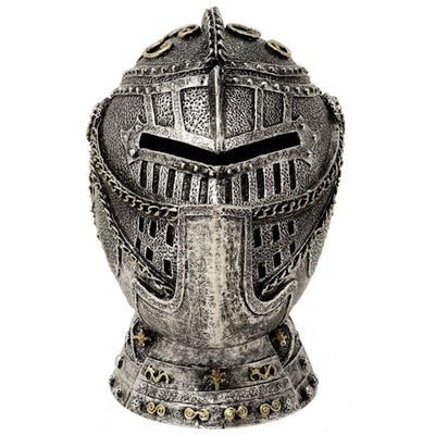 Dekoratív lovagi sisak persely gravírozással - antikolt ezüst, 13 cm