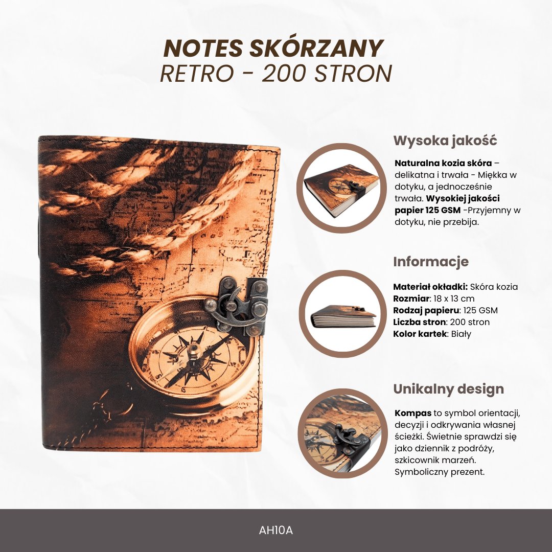 Bőr jegyzetfüzet, retro vintage iránytű, 200 oldal, gravírozással személyre szabható
