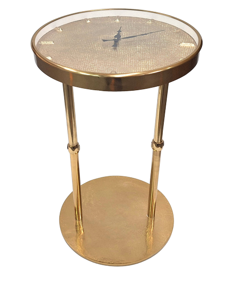 Złoty Stolik Metalowy Glamour z Zegarem i Możliwością Grawerunku – Elegancka Dekoracja 40x40x60 cm na Prezent