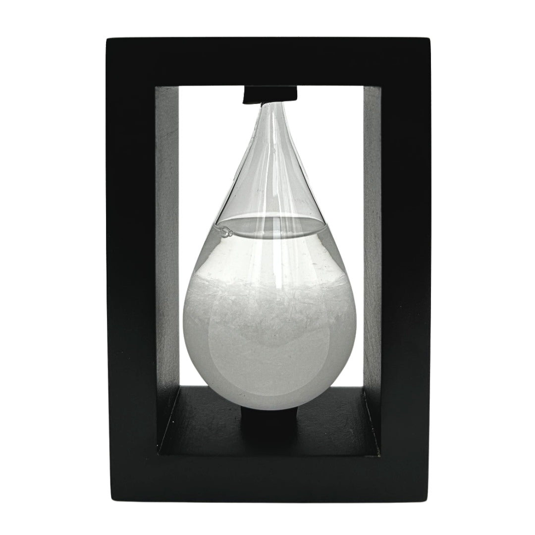 Fitzroy-viharbarométer fa foglalatban – csepp alakú Storm Glass gravírozással történő személyre szabási lehetőséggel – ideális ajándék minden alkalomra – elegáns, modern stílusú időjárás-állomás időjárás-változásokra reagáló kristályokkal