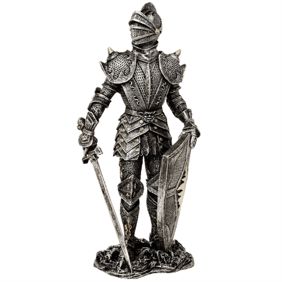 Figurka Dekoracyjna Rycerz w Srebrnej Zbroi 30 cm z Możliwością Personalizacji Grawerem - Elegancki Prezent dla Miłośników Historii i Fantasy, Ręcznie Malowana z Polyresinu