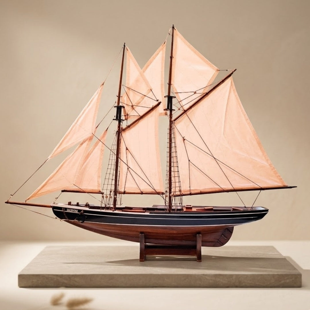 Bluenose szkúner modell 78 cm gravírozással - elegáns fa tengerészeti dekoráció ajándékba a vitorlázás és a tengeri történelem kedvelőinek, természetes vitorlákkal