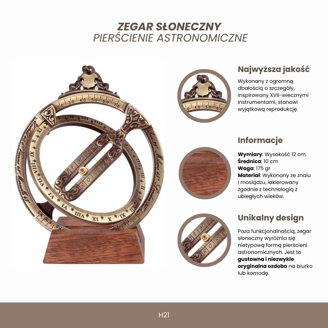 H21 napóra csillagászati gyűrűkkel, személyre szabott gravírozással, elegáns asztali ajándék, magasság 12 cm, sárgaréz és zamak