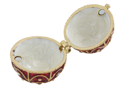 Ekskluzywna metalowa szkatułka Fabergé z kryształkami w kolorze czerwono-złotym, możliwość personalizacji grawerem, idealna na prezent, wymiary 5,5x6,5cm