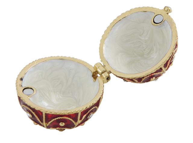 Ekskluzywna metalowa szkatułka Fabergé z kryształkami w kolorze czerwono-złotym, możliwość personalizacji grawerem, idealna na prezent, wymiary 5,5x6,5cm