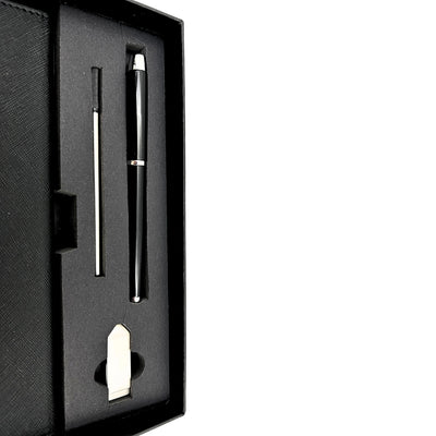 Elegancki Zestaw Prezentowy Premium z Personalizacją – Notes A5 Skórzany, Długopis i Pendrive 16GB w Czarno-Złotym Pudełku