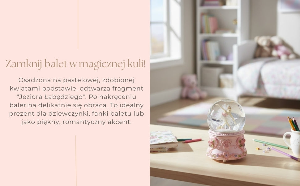 Táncoló balerina üveggömbben, 15cm, személyre szabott gravírozással - elegáns zenélő doboz pasztell talppal és A hattyúk tava dallamával