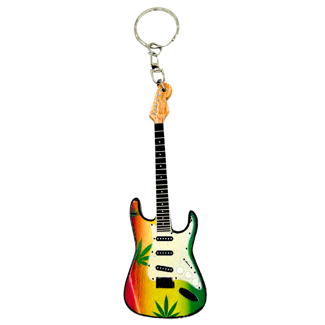 Bob Marley reggae gitár kulcstartó mahagóniból, gravírozással személyre szabható