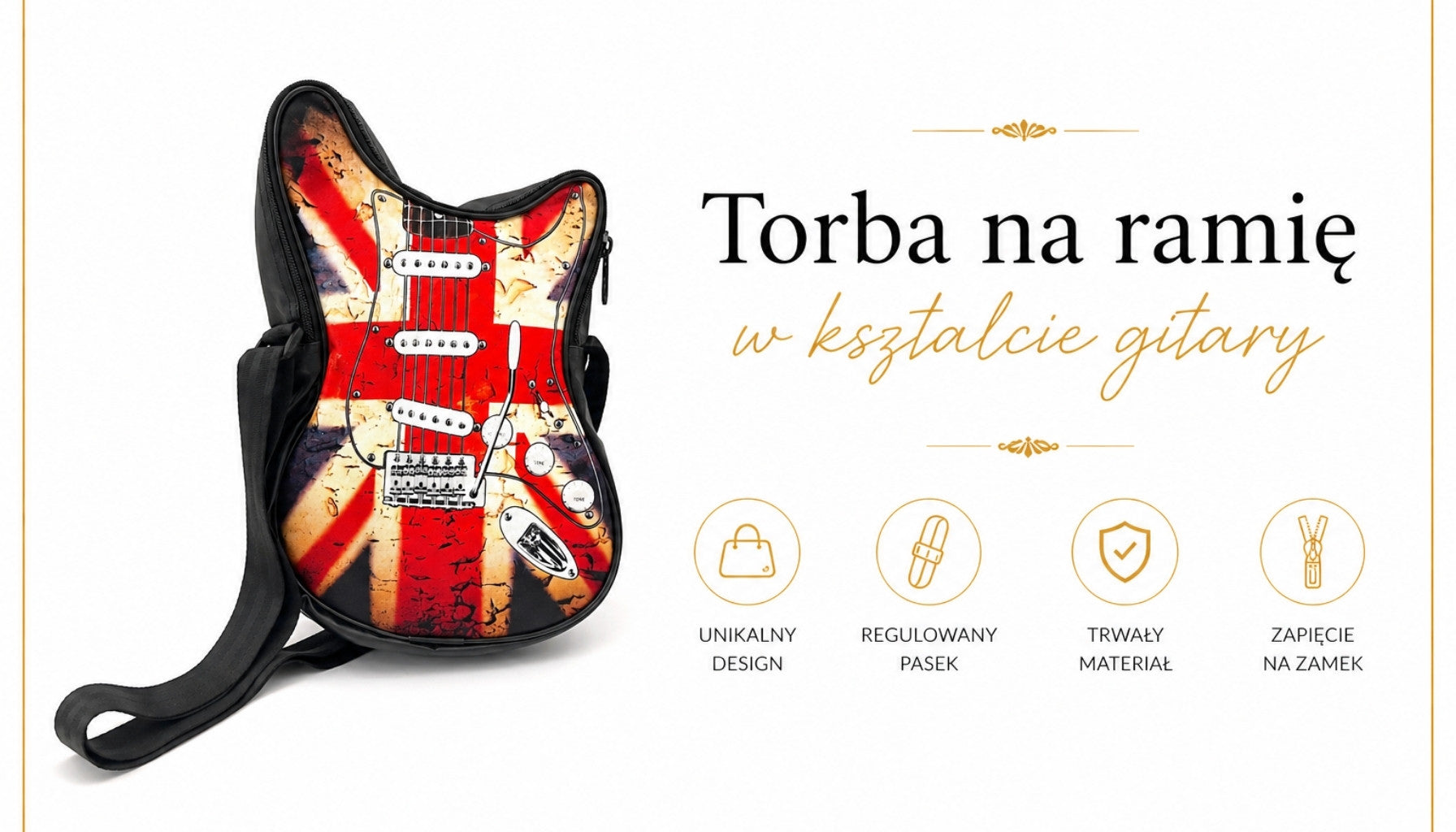 Gitár alakú válltáska brit zászlóval RBG-008, személyre szabható gravírozással
