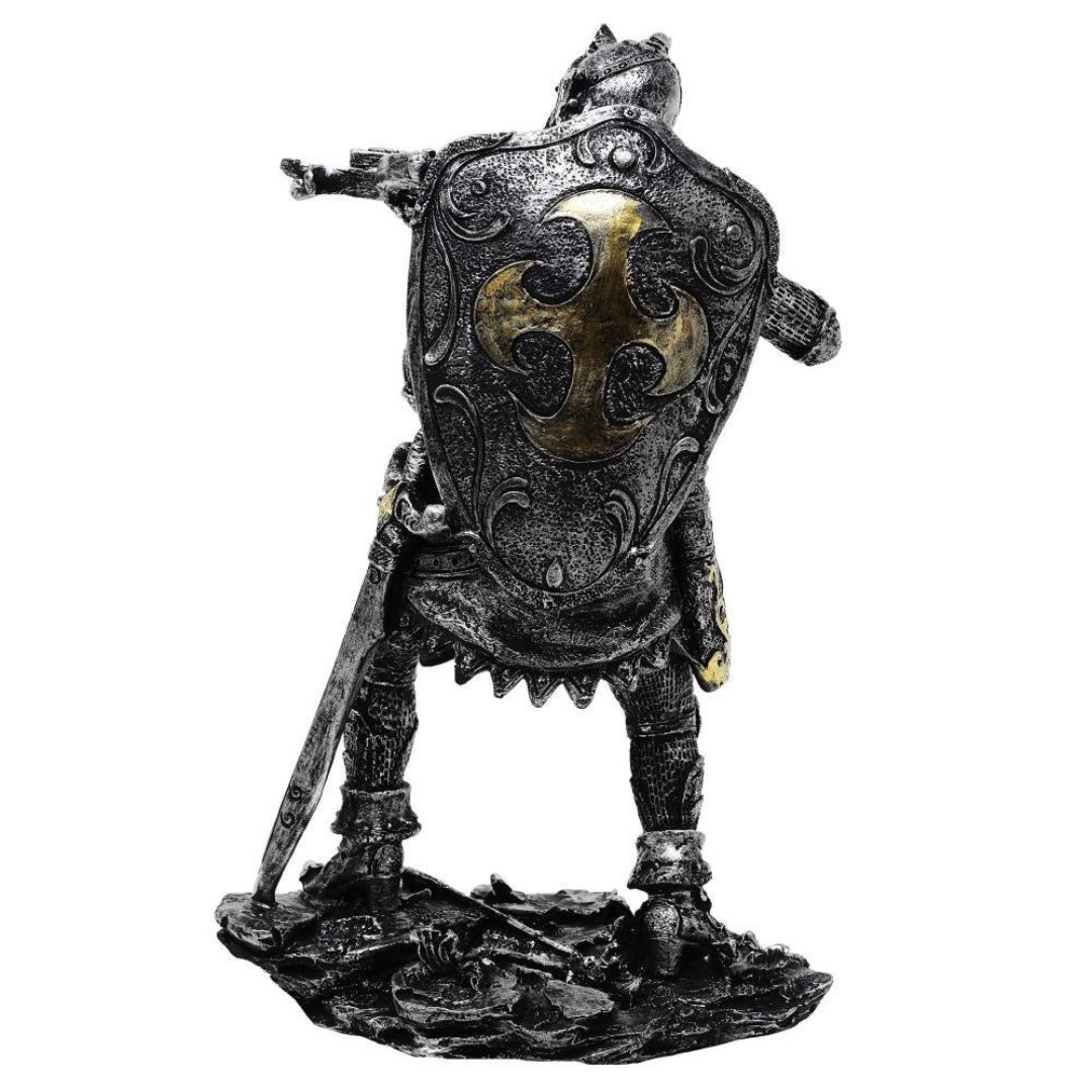 Figurka Średniowieczny Rycerz z Kuszą 20cm z Możliwością Personalizacji Grawerem - Srebrno-Złota Dekoracja na Prezent dla Miłośników Historii i Fantasy - Ręcznie Malowana z Polyresinu