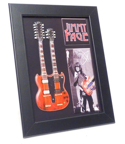 Mini gitara double neck w stylu Jimmy Page FMG-011 z możliwością personalizacji grawerem, idealna na prezent - drewniana ramka 1,3cm x 16cm x 21,4cm, stalowa konstrukcja