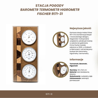 Fischer 9171-31 időjárás-állomás barométerrel, higrométerrel és hőmérővel fa talpon, személyre szabható gravírozási opcióval