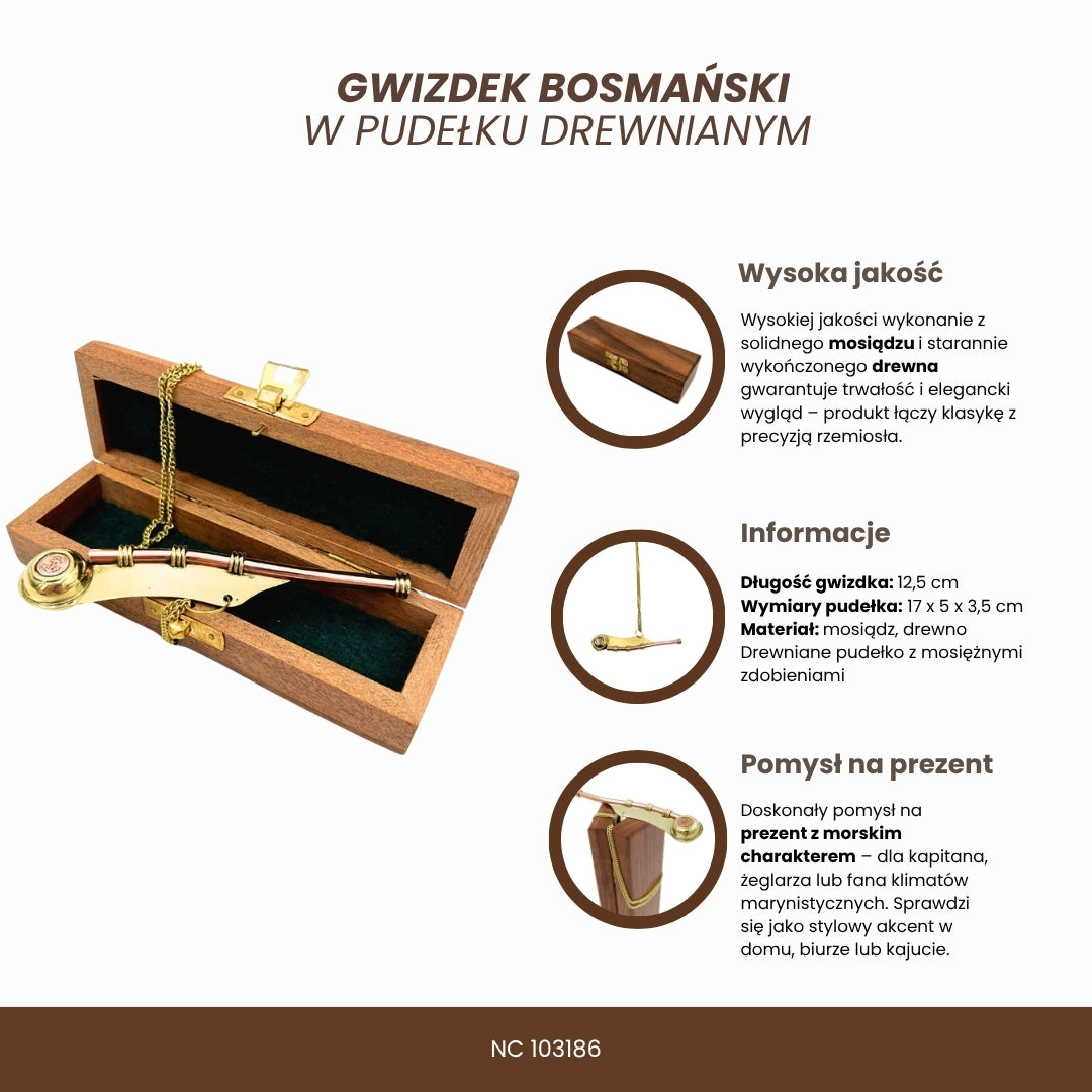 Réz hajós síp gravírozással, elegáns fadobozban – sárgaréz, 12,5 cm