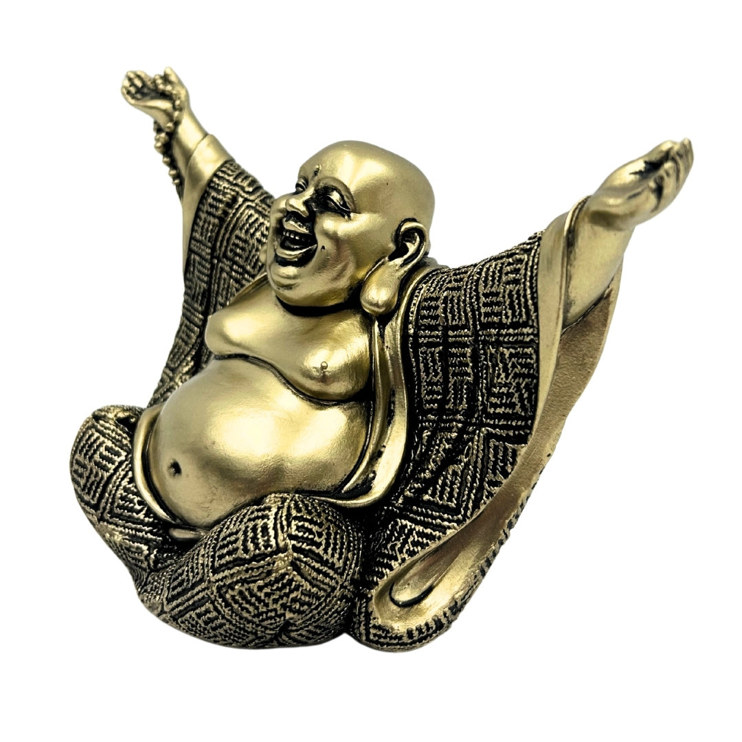 Vidám Buddha figura arany színben, személyre szabott gravírozási lehetőséggel - elegáns ajándék dekoráció 17,1 cm magasságban, polyresinből, a gazdagságot és a szerencsét szimbolizálja