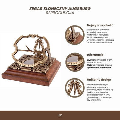 Mosiężny zegar słoneczny Habsburg H30 z możliwością personalizacji grawerem, idealny na prezent, w eleganckim stylu augsburskim, wysokość 10 cm, na drewnianej podstawie