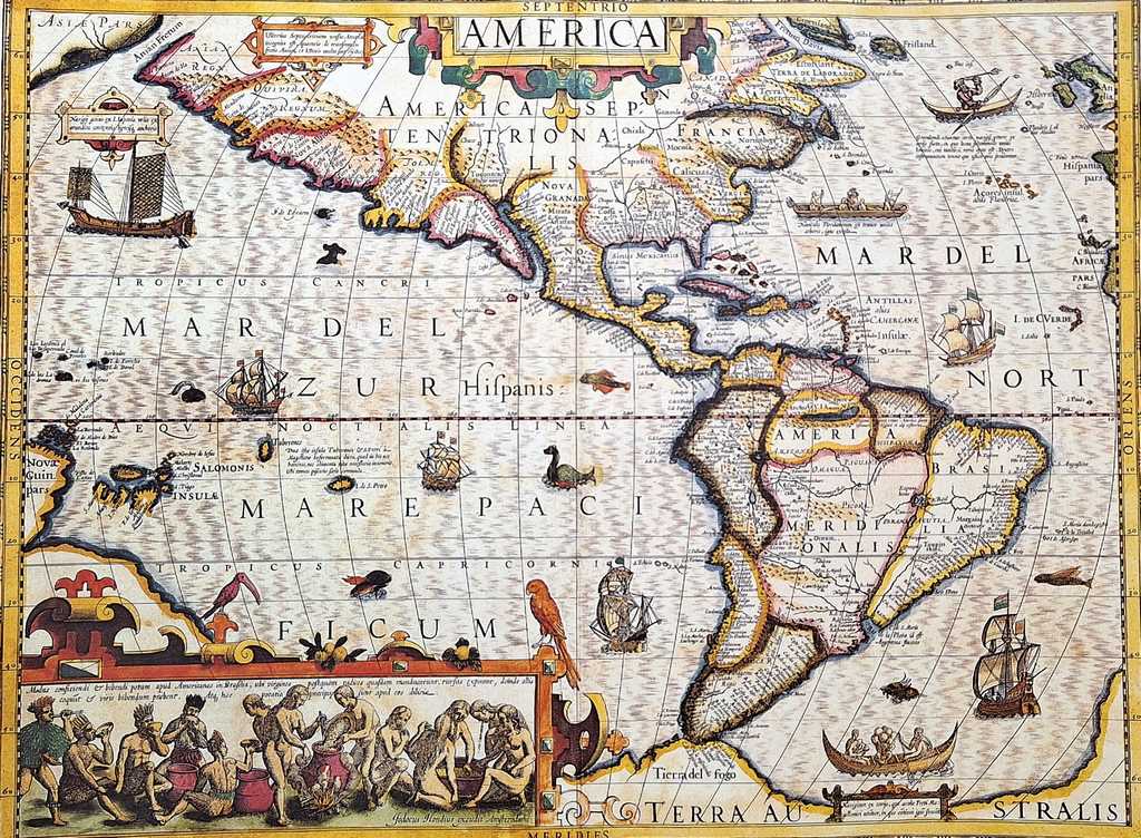 Amerika térképe, 1628. - J. Hondius reprint, személyre szabható gravírozással - ideális ajándék utazóknak és a történelem kedvelőinek - méretek: 37,5 x 50 cm