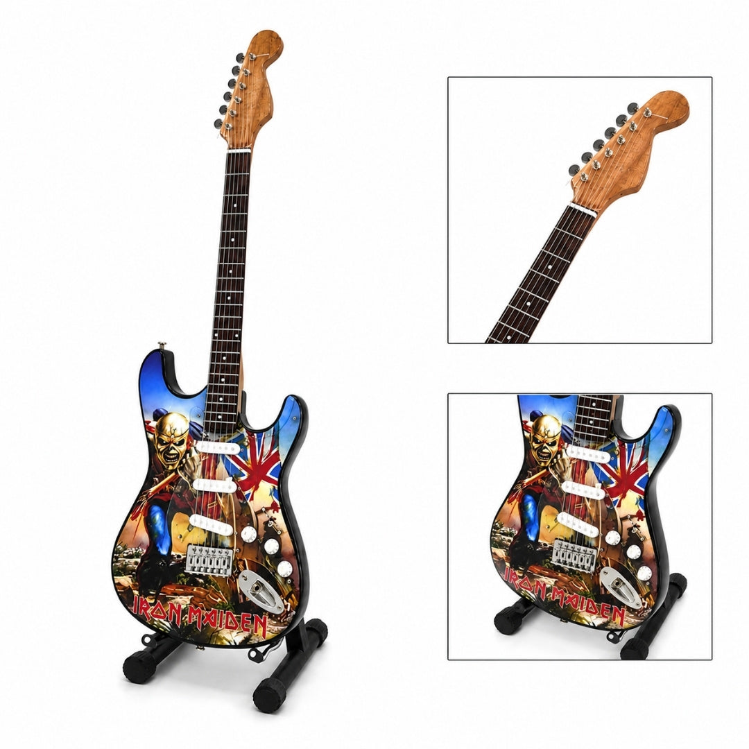 Mini Gitara Dekoracyjna Iron Maiden „The Trooper” z Mahoniu - Ręcznie Wykonana Ozdoba dla Fanów Muzyki