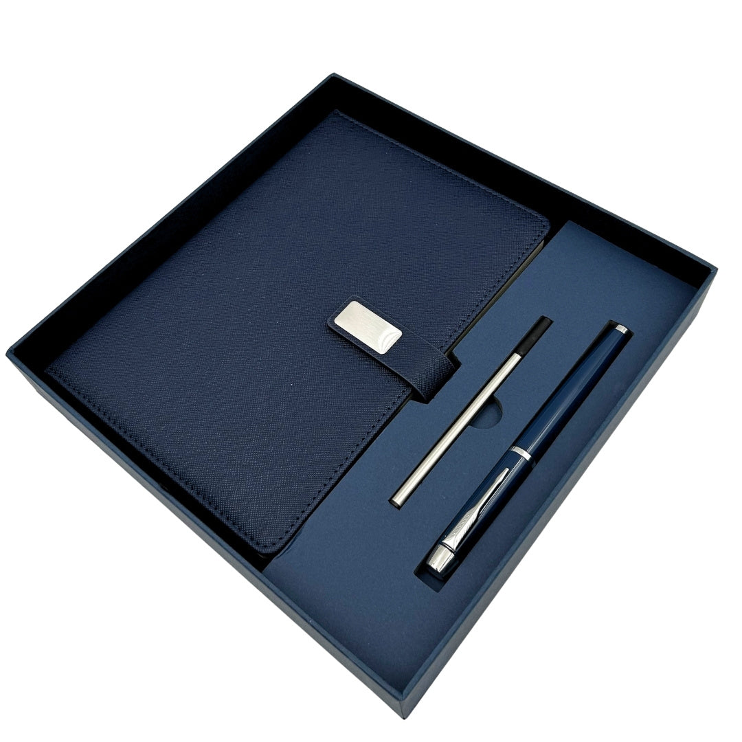 Elegancki Granatowy Skórzany Notes A5 z Długopisem i Personalizowanym Grawerem w Pudełku Prezentowym