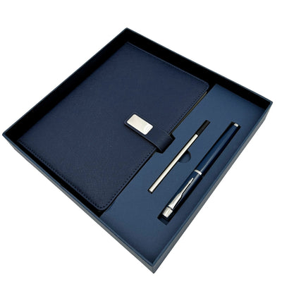 Elegancki Granatowy Skórzany Notes A5 z Długopisem i Personalizowanym Grawerem w Pudełku Prezentowym