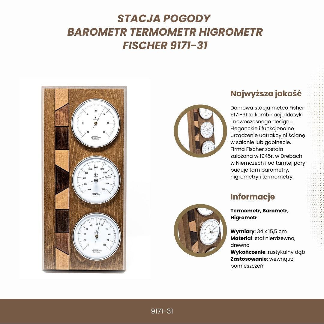 Fischer 9171-31 időjárás-állomás barométerrel, higrométerrel és hőmérővel fa talpon, személyre szabható gravírozási opcióval