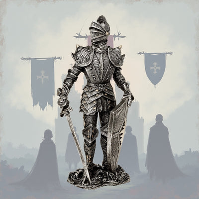 Figurka Dekoracyjna Rycerz w Srebrnej Zbroi 30 cm z Możliwością Personalizacji Grawerem - Elegancki Prezent dla Miłośników Historii i Fantasy, Ręcznie Malowana z Polyresinu