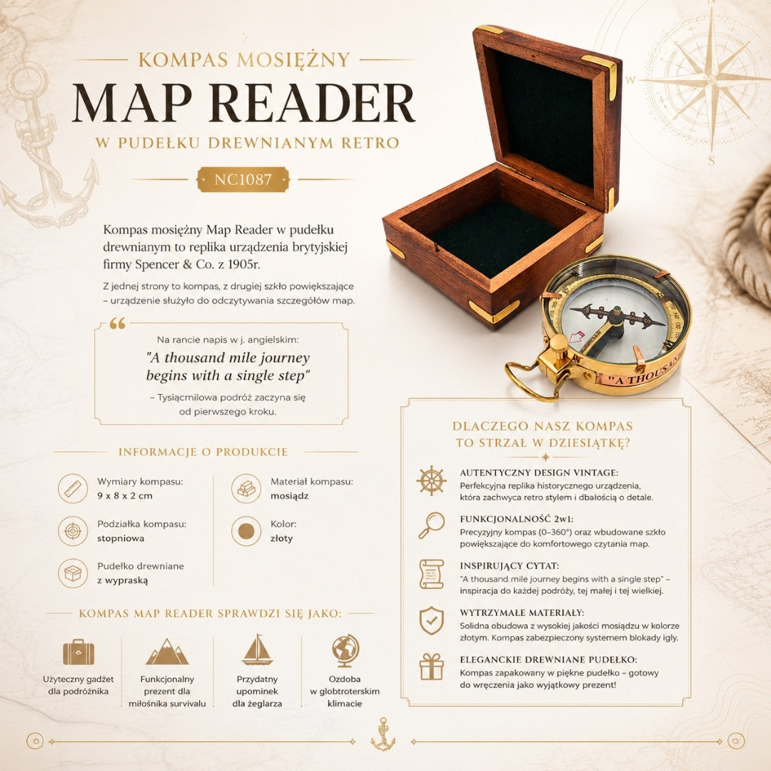 Mosiężny Kompas Map Reader z Grawerem w Drewnianym Pudełku Retro