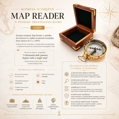 Mosiężny Kompas Map Reader z Grawerem w Drewnianym Pudełku Retro