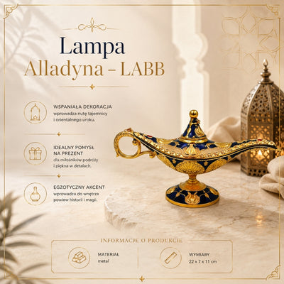 LABB Aladdin-lámpa aranyszínű fém díszítésekkel, sötét tengerészkék, 22 x 7 x 11 cm