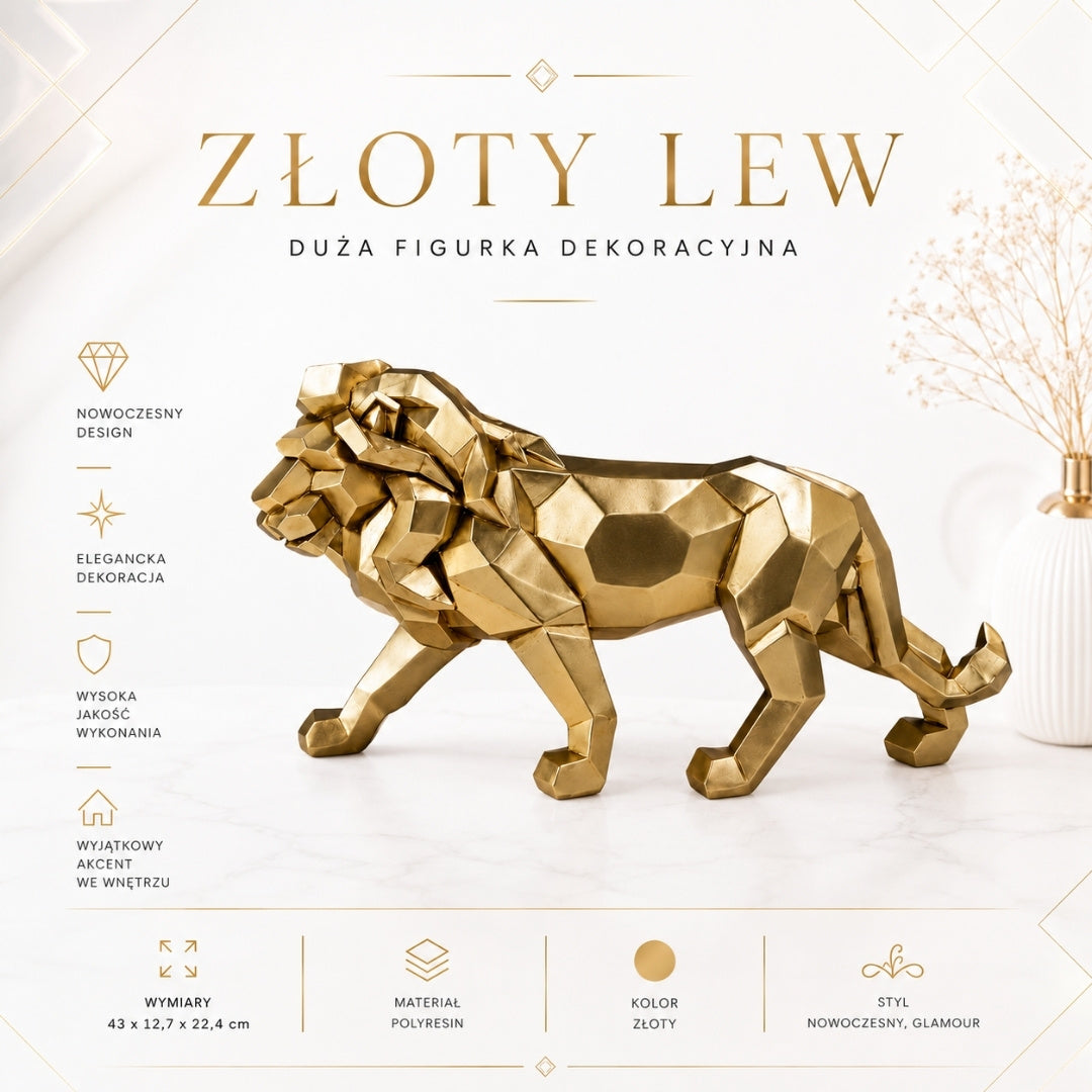 Nagy arany oroszlánszobrocska, 43cm, személyre szabható gravírozással - elegáns ajándék dísz, kiváló minőségű polirezin, modern glamour stílus