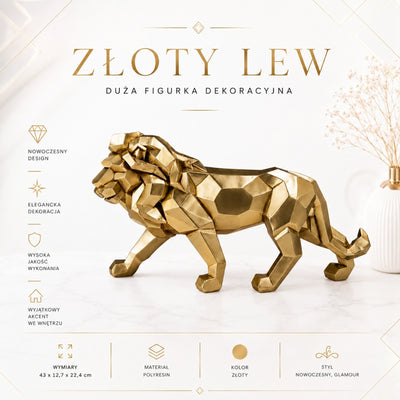 Nagy arany oroszlánszobrocska, 43cm, személyre szabható gravírozással - elegáns ajándék dísz, kiváló minőségű polirezin, modern glamour stílus