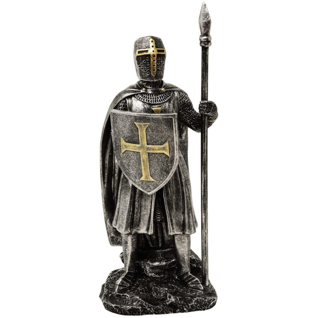 Lovag figura lándzsával, 20 cm, gravírozással személyre szabható - kézzel festett polirezin dekoráció ajándékba a történelem és a hadtörténet kedvelőinek