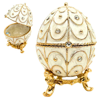 Ekskluzywna Szkatułka Jajo Fabergé Metalowa z Kryształkami w Kolorze Biało-Złotym z Możliwością Personalizacji Grawerem