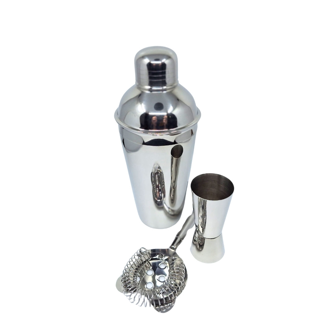 Steel 3 részes bártenderszett személyre szabható gravírozási lehetőséggel - shaker 750 ml, jigger 15/30 ml, strainer - elegáns ajándék a koktélok kedvelőinek, rozsdamentes acél, ezüst szín