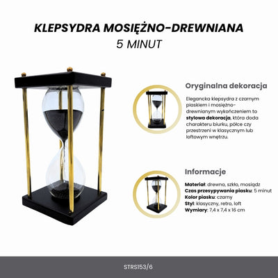 Sárgaréz-fa homokóra, 5 perces, fekete homokkal, gravírozással személyre szabható – elegáns retro dekoráció ajándékba, 16 cm magas