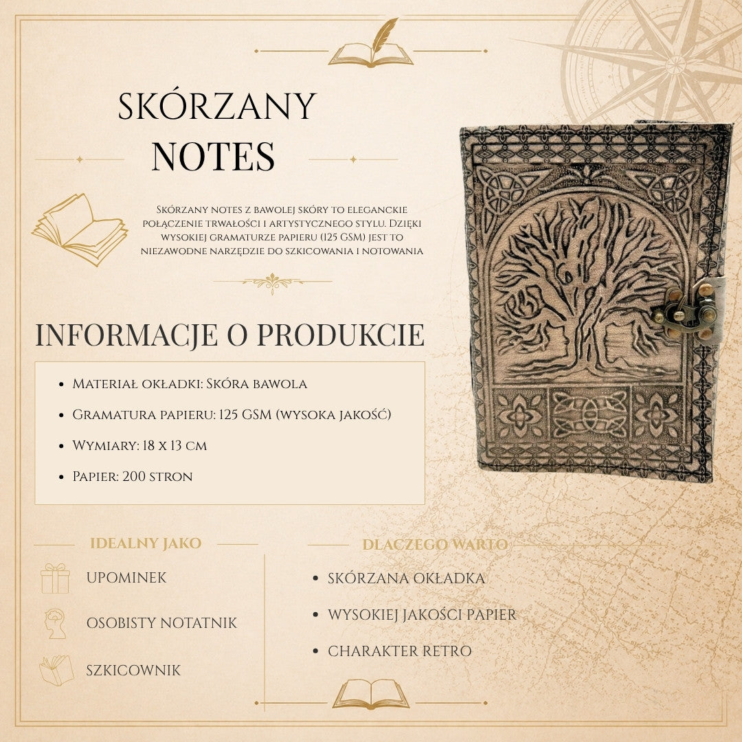 Skórzany Notatnik Retro Drzewo Życia z Grawerem
