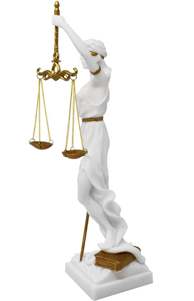 Figurka Temidy z możliwością personalizacji grawerem - elegancki prezent dla prawnika, sędziego lub studenta prawa, biała z złotymi akcentami, wysokość 35 cm, ręcznie malowana z polyresinu