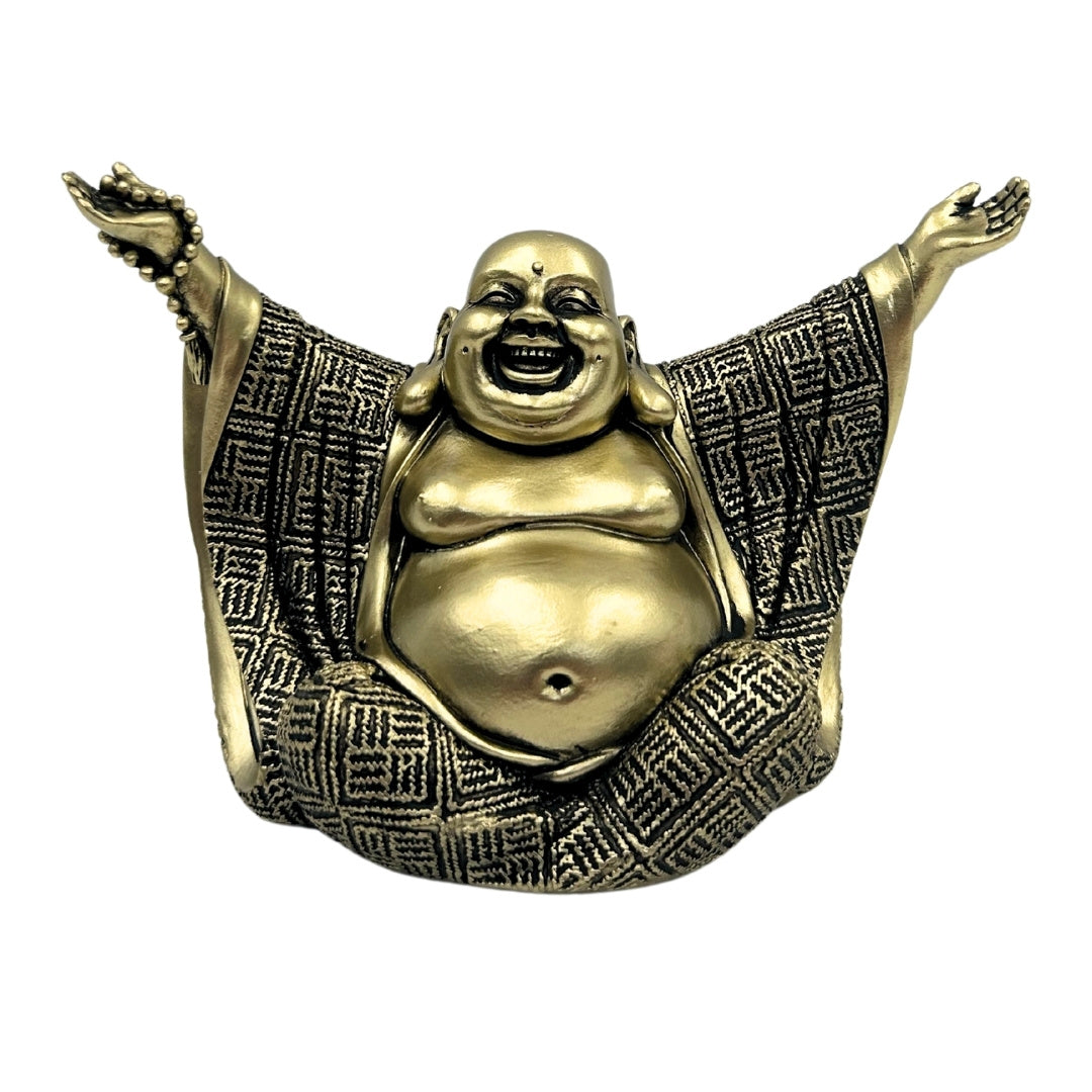 Vidám Buddha figura arany színben, személyre szabott gravírozási lehetőséggel - elegáns ajándék dekoráció 17,1 cm magasságban, polyresinből, a gazdagságot és a szerencsét szimbolizálja