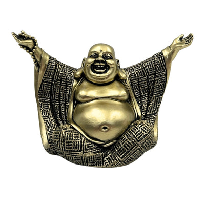 Vidám Buddha figura arany színben, személyre szabott gravírozási lehetőséggel - elegáns ajándék dekoráció 17,1 cm magasságban, polyresinből, a gazdagságot és a szerencsét szimbolizálja