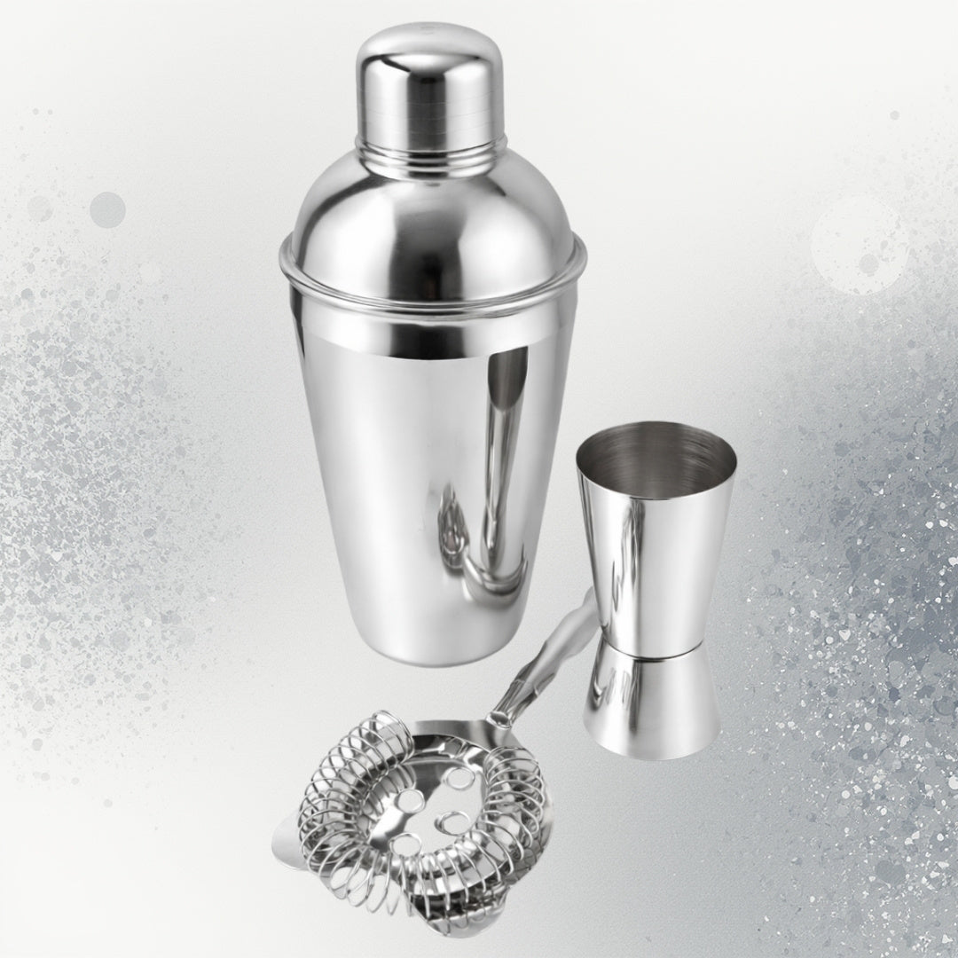 Steel 3 részes bártenderszett személyre szabható gravírozási lehetőséggel - shaker 750 ml, jigger 15/30 ml, strainer - elegáns ajándék a koktélok kedvelőinek, rozsdamentes acél, ezüst szín