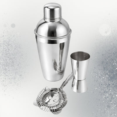Steel 3 részes bártenderszett személyre szabható gravírozási lehetőséggel - shaker 750 ml, jigger 15/30 ml, strainer - elegáns ajándék a koktélok kedvelőinek, rozsdamentes acél, ezüst szín