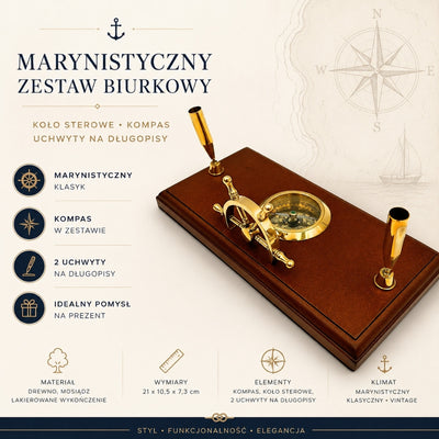Marynistyczny Zestaw Biurkowy z Grawerem – Koło Sterowe, Kompas, Uchwyty na Długopisy z Polerowanego Drewna i Mosiądzu