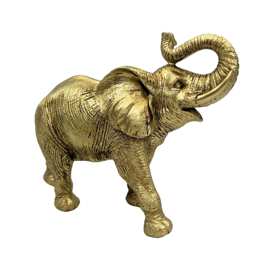 Arany elefánt felemelt ormánnyal - elegáns dekoratív figura személyre szabott gravírozási lehetőséggel, ideális ajándék - magasság 20,5 cm, anyag: polyresin