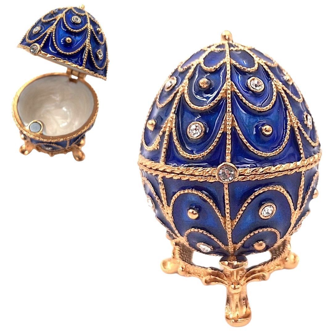 Ekskluzywna metalowa szkatułka z kryształkami w kształcie jaja Fabergé, granatowo-złota, 5,5x6,5cm z możliwością personalizacji grawerem
